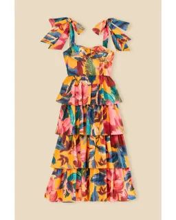 Farm Rio Yellow Painted Flowers Tiered Midi Dress Print Size Small / AU 8 for rent on The Volte - image 6