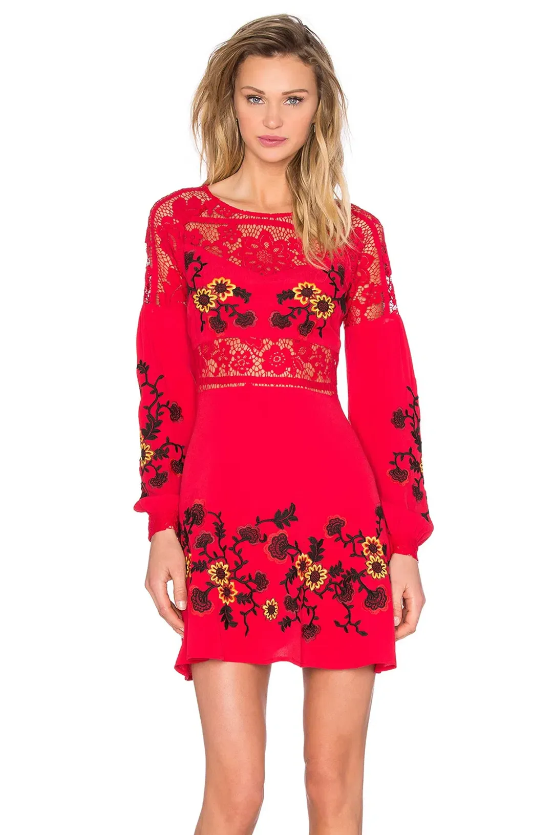 For Love & Lemons Isabella Long Sleeve Mini Dress Hot Red Size XS / AU 6 for rent on The Volte - main image