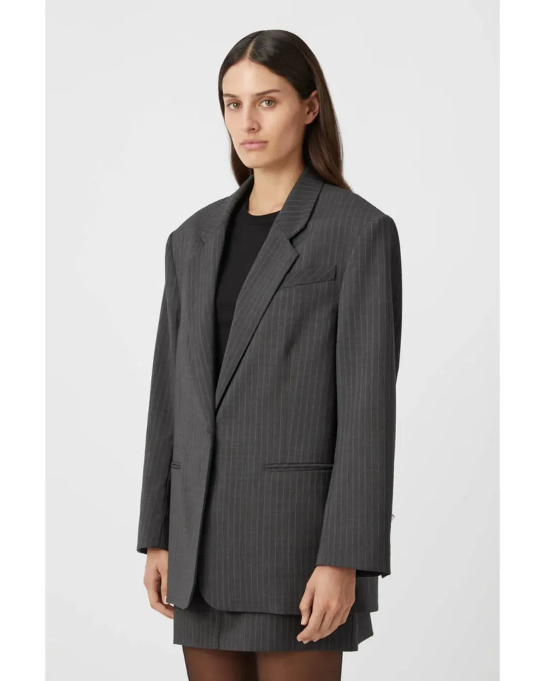 Camilla and Marc Brancusi Blazer and Mini Skirt Set Charcoal Pinstripe Size AU 6 for rent on The Volte - main image
