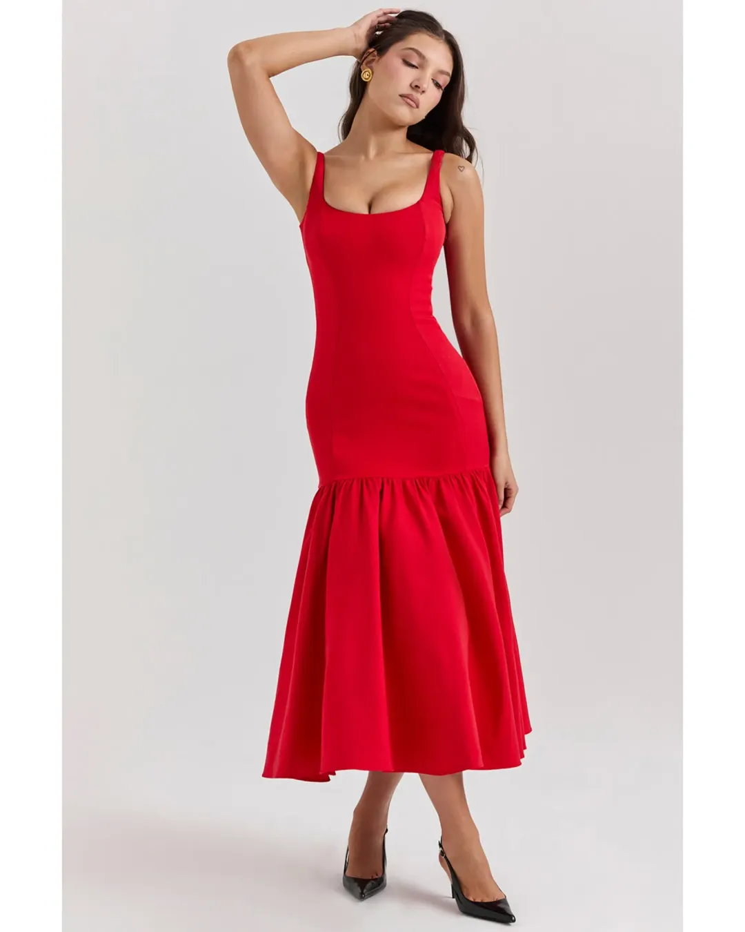 House Of CB Amore Dropped Waist Midi Dress Scarlet Size AU 12  for rent on The Volte - main image