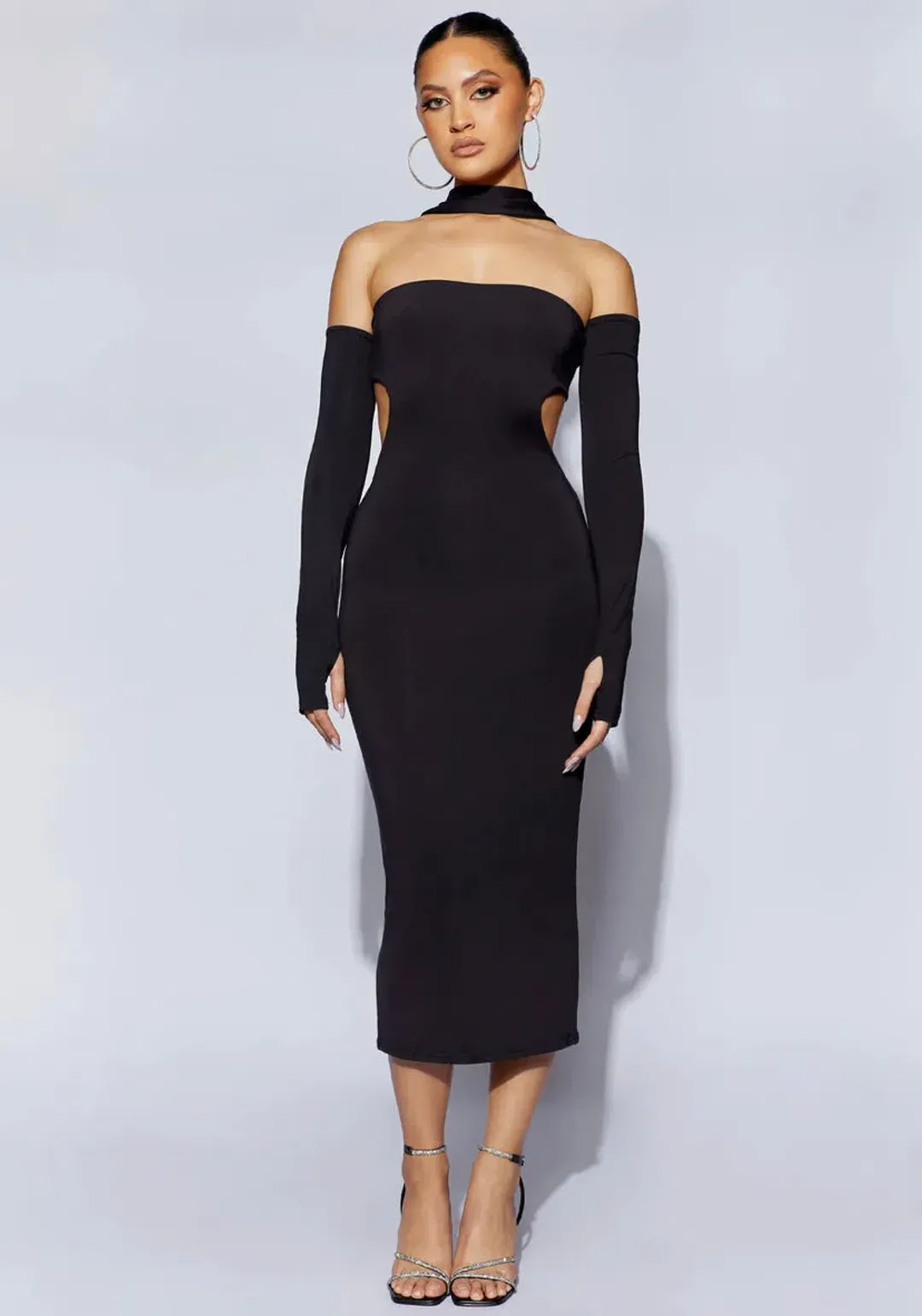 Meshki Demie Neckband Midi Dress With Fingerless Gloves Black Size S / AU 8 for rent on The Volte - main image