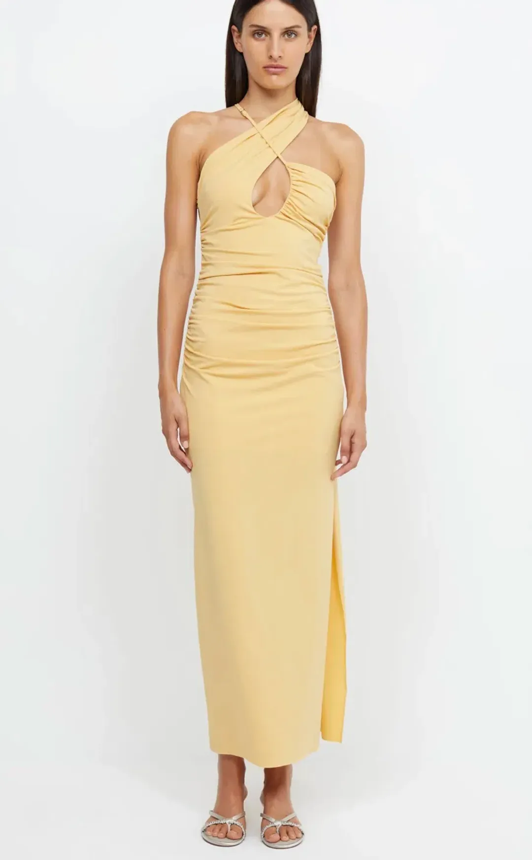 Bec & Bridge Montana Cross Over Midi Dress Straw Yellow Size 6 for rent on The Volte - main image
