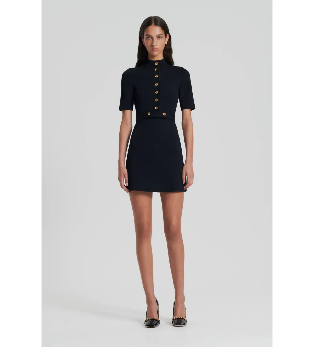 Scanlan Theodore Crepe Knit Mini Button Dress Black Size 8/S for rent on The Volte - main image