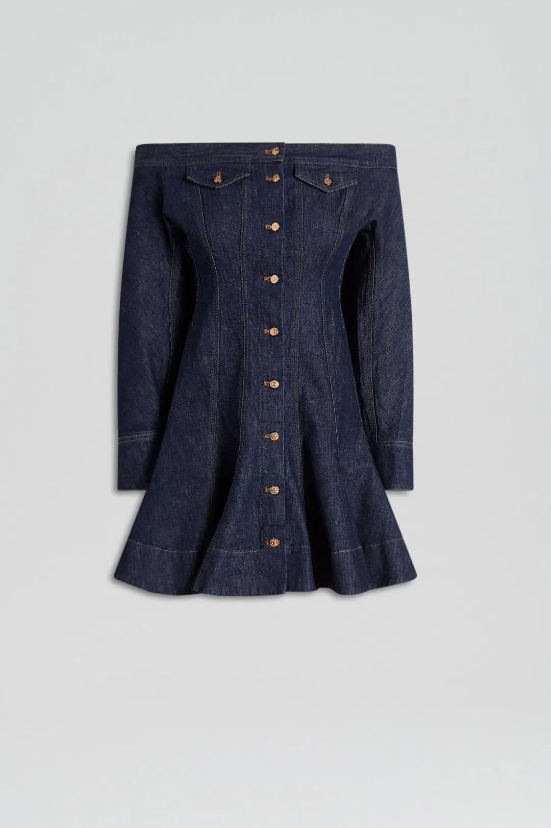 Scanlan Theodore Denim Skater Off Shoulder Mini Dress Indigo Size 8 for rent on The Volte - main image