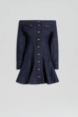 Scanlan Theodore Denim Skater Off Shoulder Mini Dress Indigo Size 8 for rent on The Volte - image 4