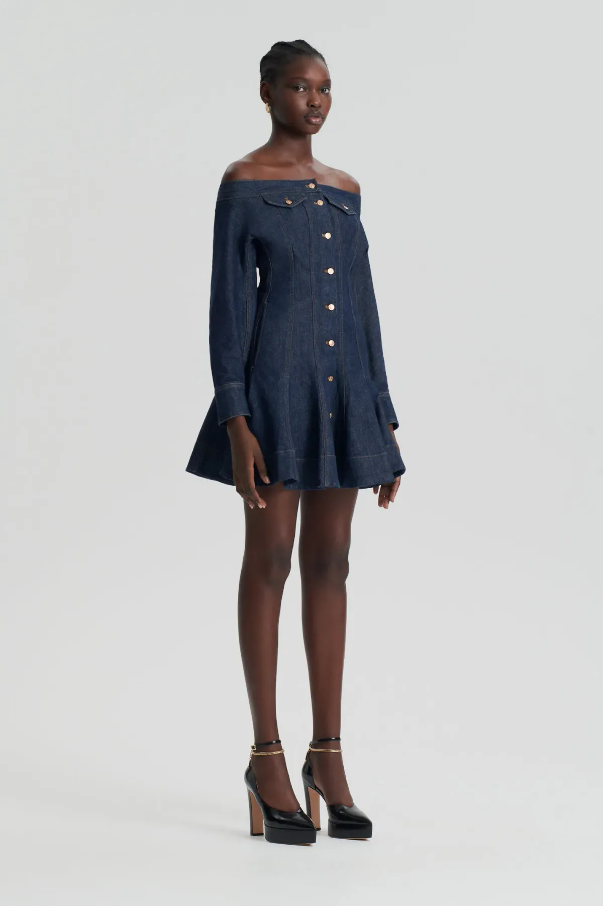 Scanlan Theodore Denim Skater Off Shoulder Mini Dress Indigo Size 8 for rent on The Volte - main image