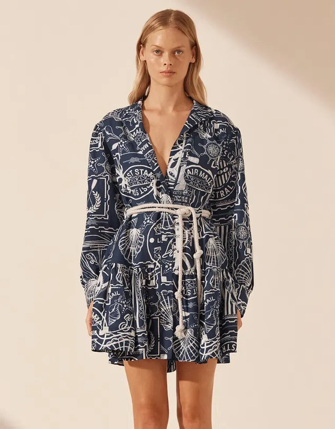 Shona Joy Amelie Long Sleeve Mini Dress Navy/Ivory Size 10 for rent on The Volte - main image