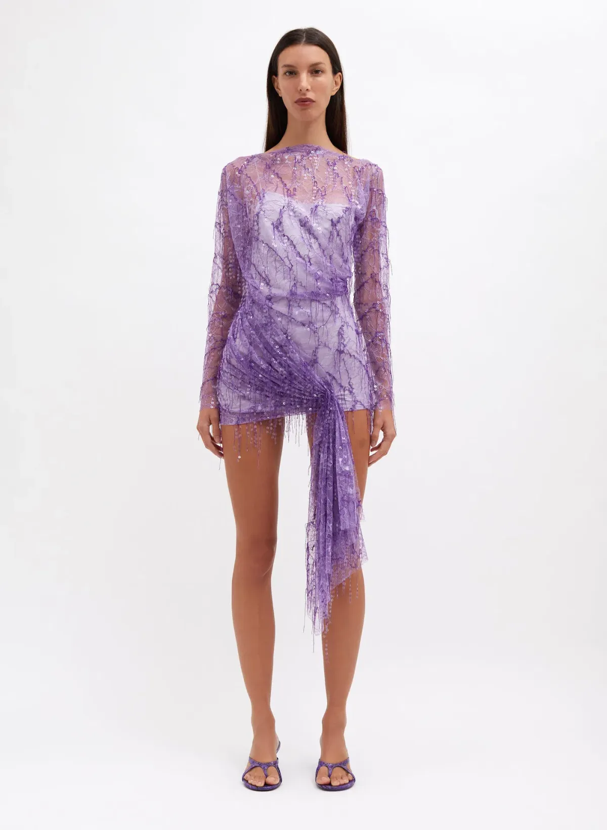 Christopher Esber Encased Beaded Ivy Lace Long Sleeve Mini Dress Grape Size 8 for rent on The Volte - main image