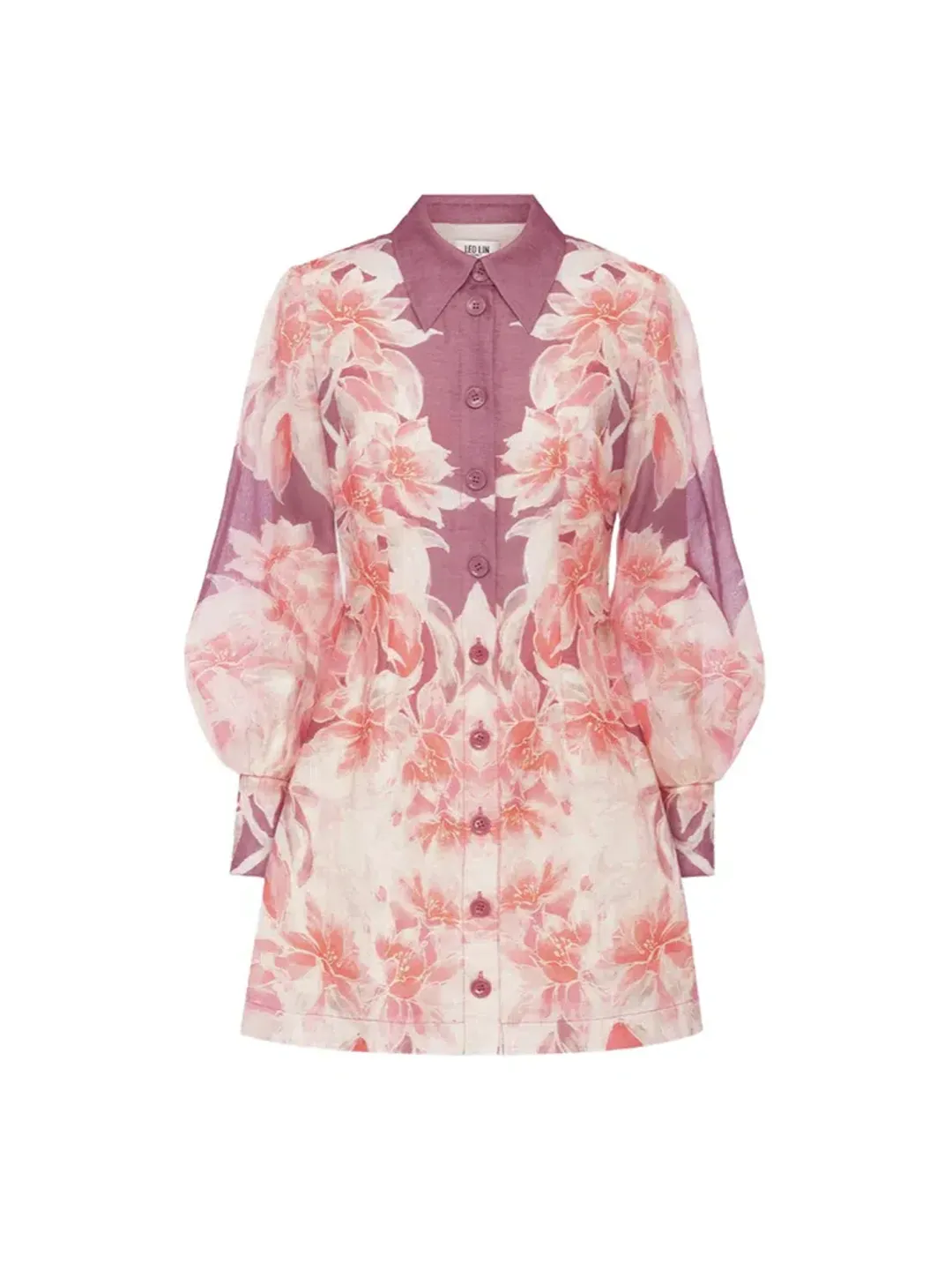 Leo Lin Luminous Silk Linen Mini Dress in Orient Print in Hibiscus Pink Size 10 for rent on The Volte - main image