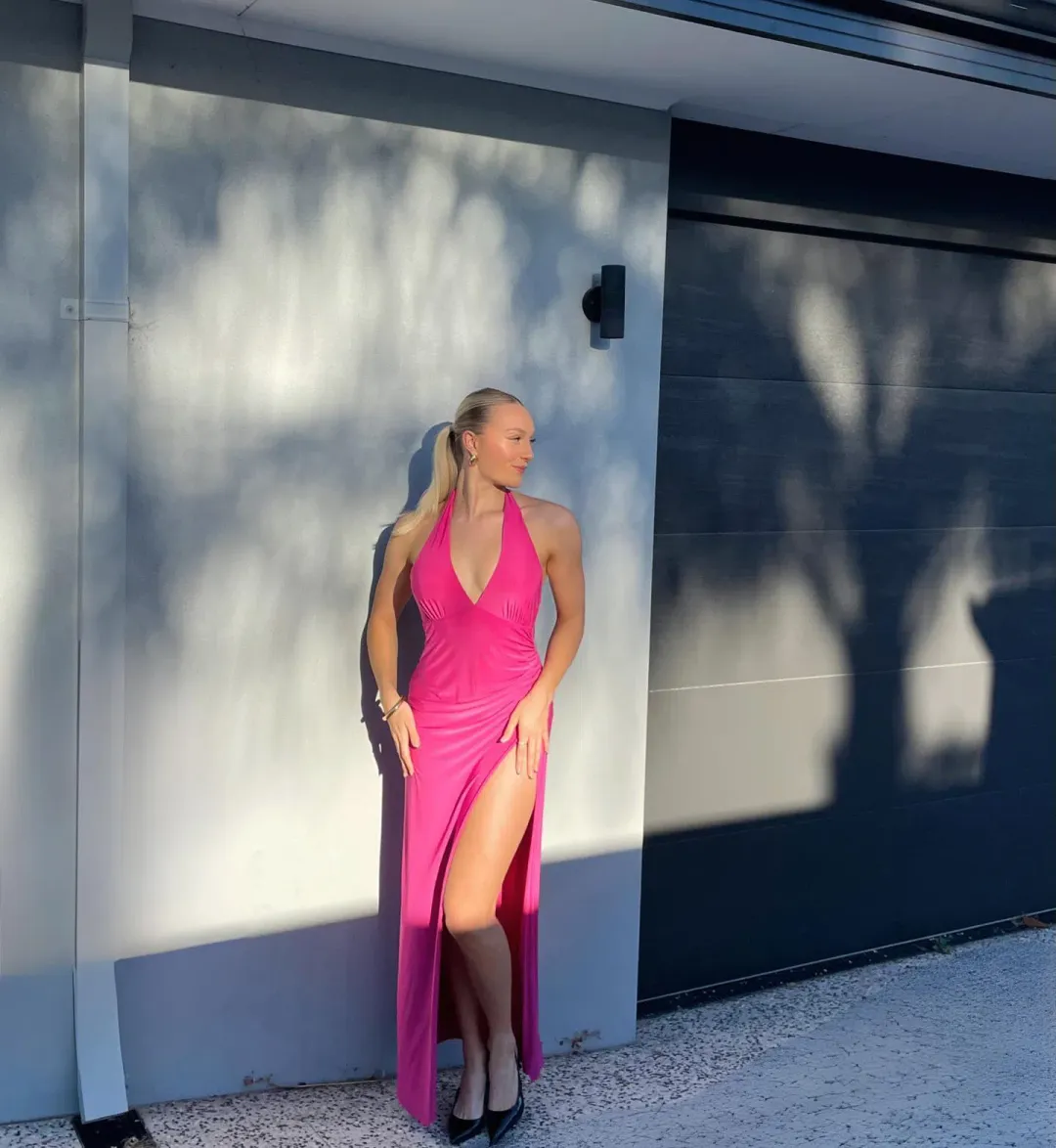 With Harper Lu Halter Maxi Dress in Fuchsia Size XS (AU 6) for rent on The Volte - main image