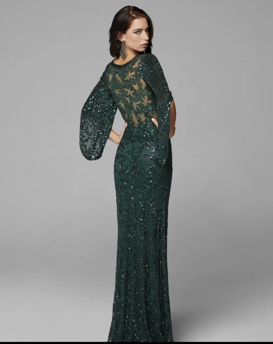 Primavera Couture 9713 Sheer Back Sequin Evening Dress Forest Green Size 12 for rent on The Volte - main image