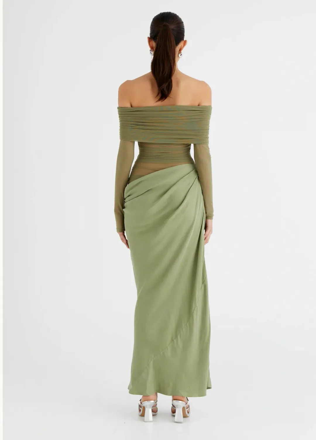 Benni Yasmin Off Shoulder Maxi Dress in Pistachio Size 8 for rent on The Volte - main image