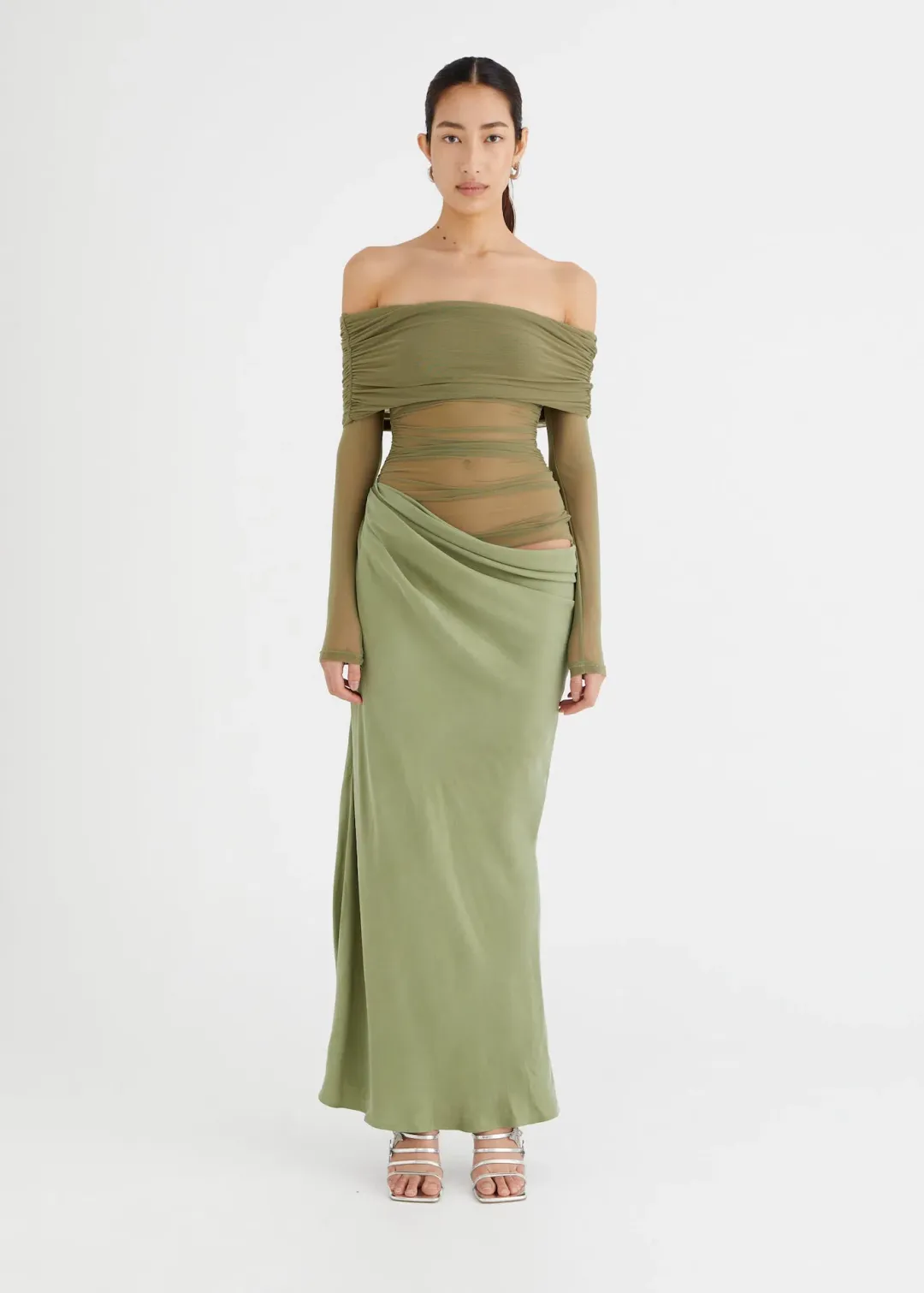 Benni Yasmin Off Shoulder Maxi Dress in Pistachio Size 8 for rent on The Volte - main image