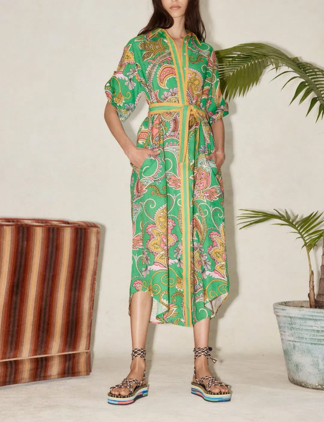 Alemais Marion Shirt Midi Dress Green Multi Size AU 12 for rent on The Volte - main image
