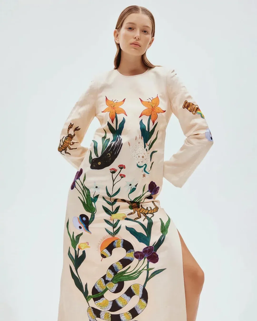 Alemais Zelda Midi Dress Champagne Multi Size AU 14 for rent on The Volte - main image