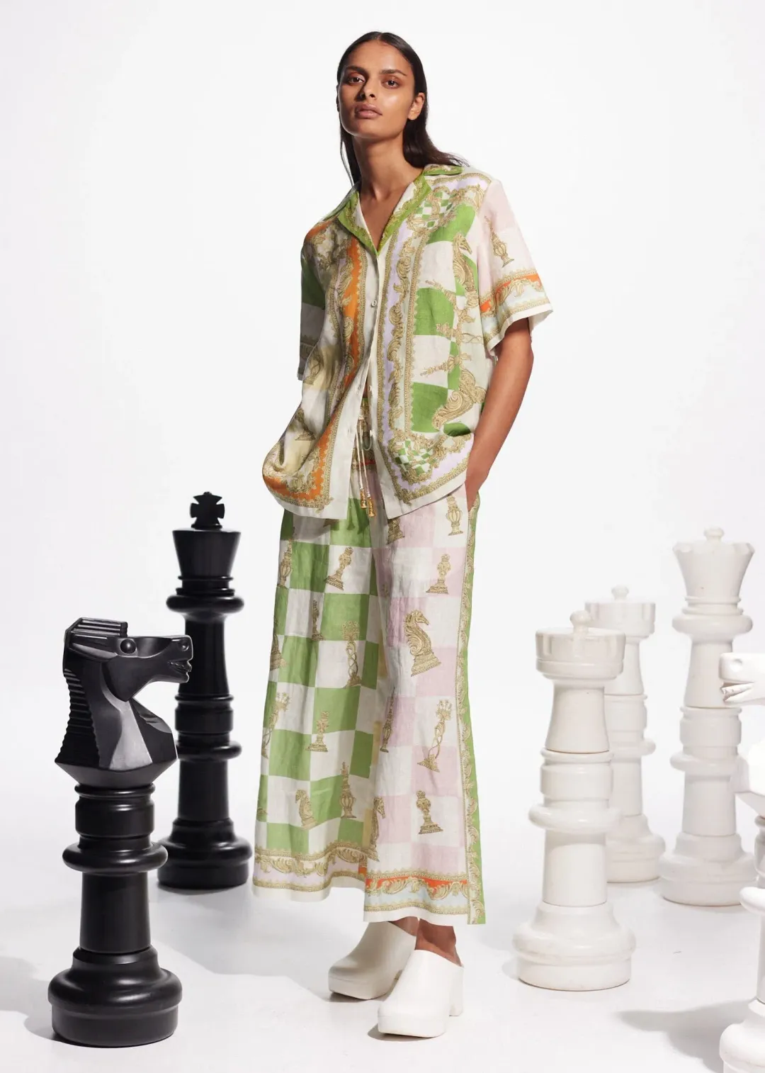 Alemais Checkmate Linen Shirt and Pants Set Multi Size 14 for rent on The Volte - main image