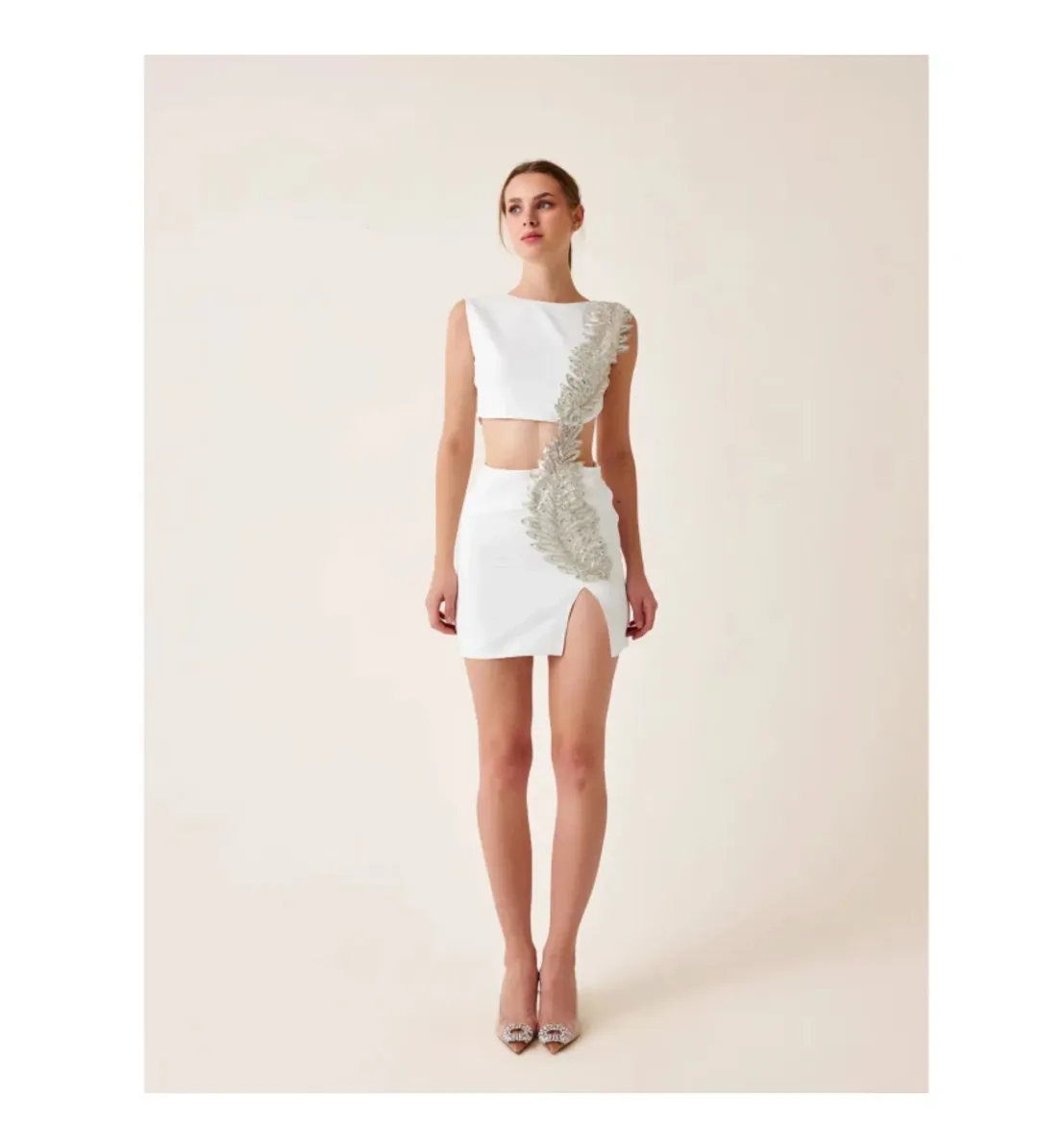 Fickle Hearts Ellie Ecru White Mini Dress With Cutouts & Embellishment Size AU 6 for rent on The Volte - main image