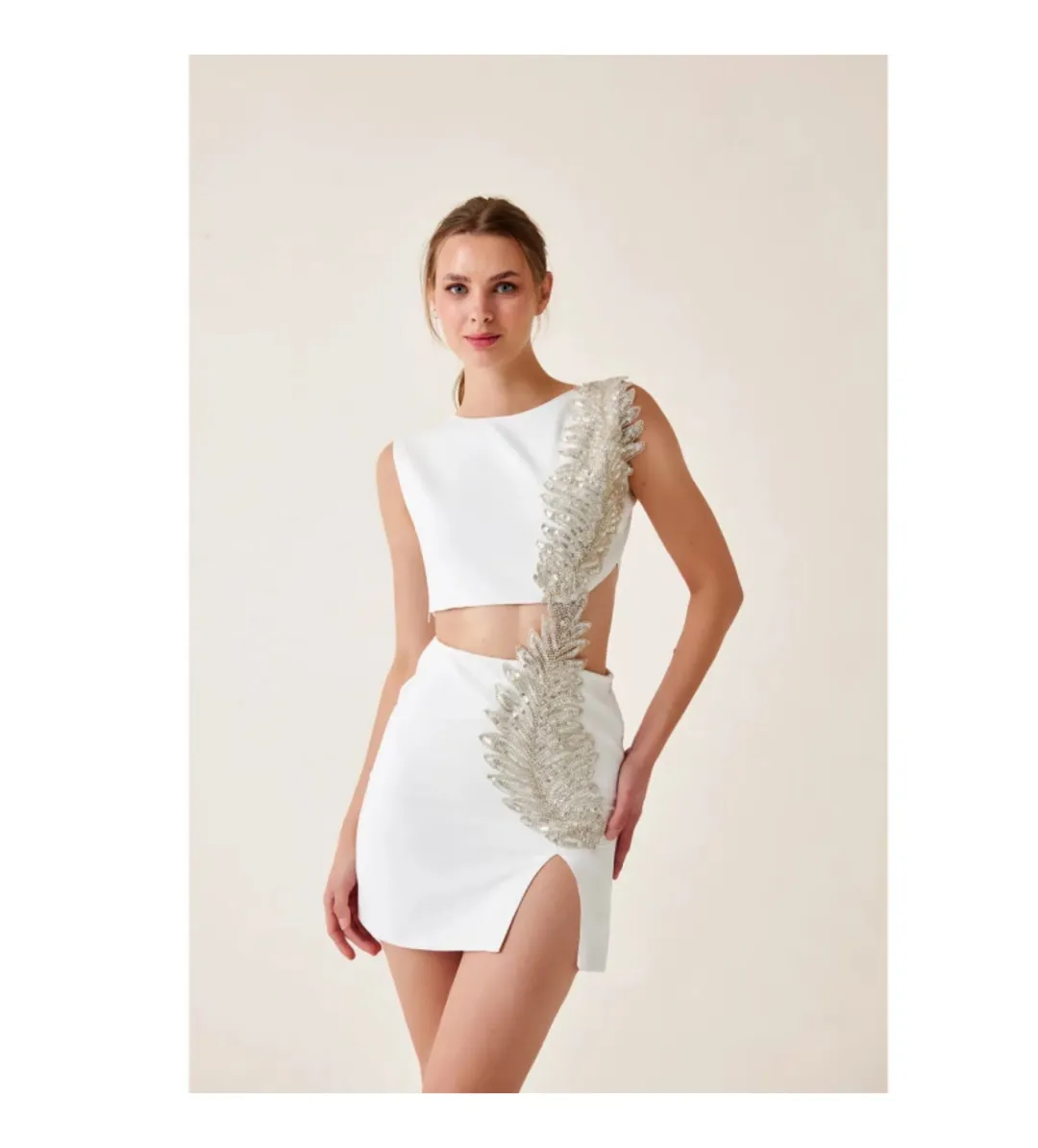 Fickle Hearts Ellie Ecru White Mini Dress With Cutouts & Embellishment Size AU 6 for rent on The Volte - main image