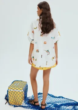 Alemais Blue Marlin Embroidered Shirt and Skirt Set Cream Multi Size 16 for rent on The Volte - image 3