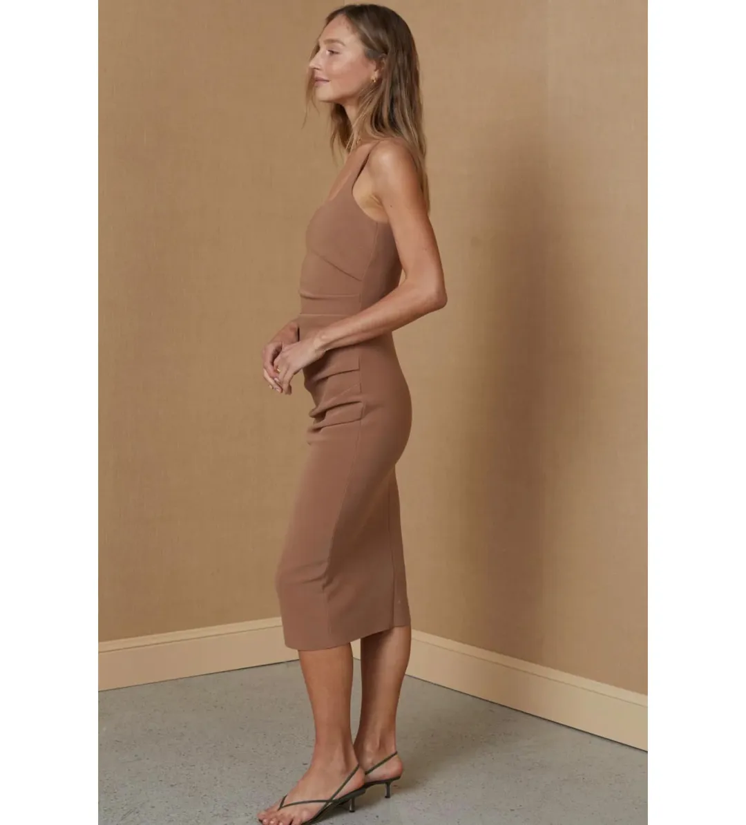 Bec & Bridge Karina Tuck Midi Dress Milk Chocolate Size 10 for rent on The Volte - main image