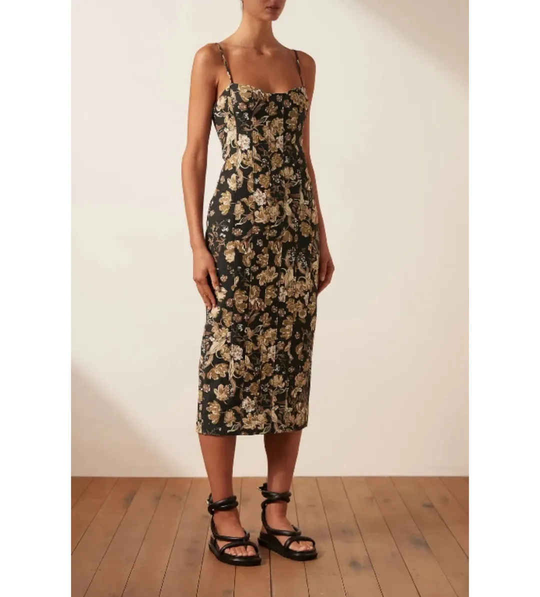 Shona Joy Palermo Linen Fitted Midi Dress Multi Floral Size 10 for rent on The Volte - main image