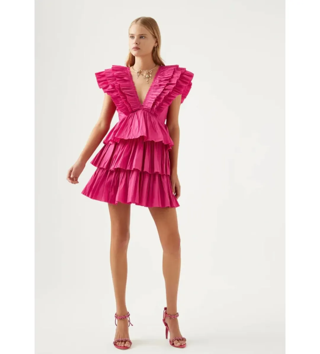 Aje Rhythmic Frilled Mini Dress Fuchsia Size 10 for rent on The Volte - main image