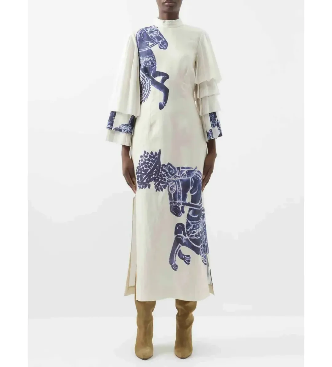 Alemais Blue Rider Pleat Sleeve Midi Dress Cream Print Size 14 for rent on The Volte - main image