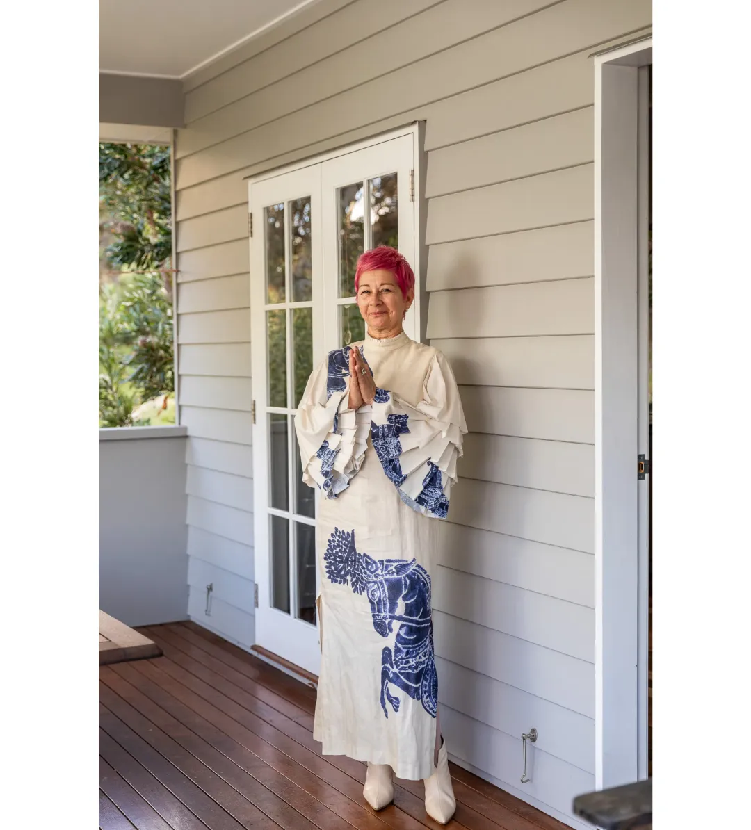 Alemais Blue Rider Pleat Sleeve Midi Dress Cream Print Size 14 for rent on The Volte - main image