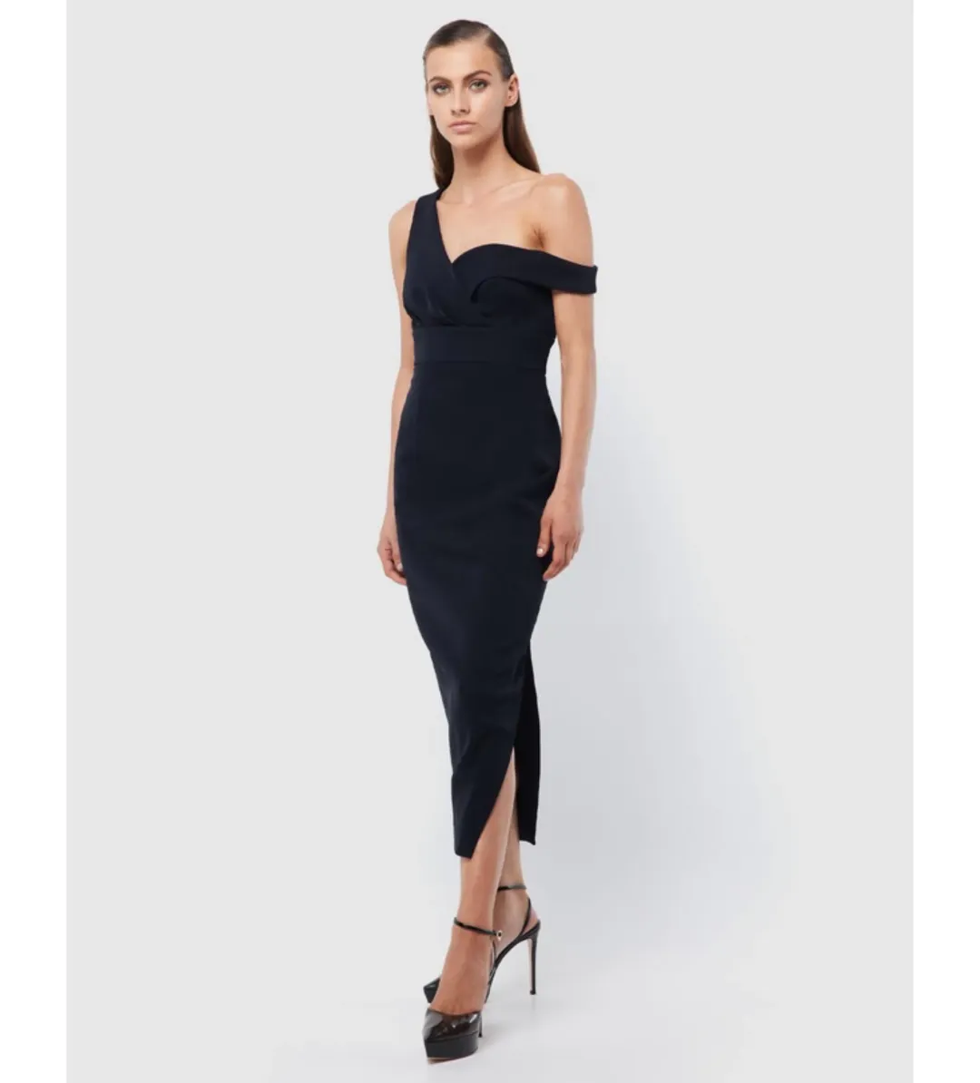Mossman Virtuous One-Shoulder Midi Dress Navy Size 6 for rent on The Volte - main image