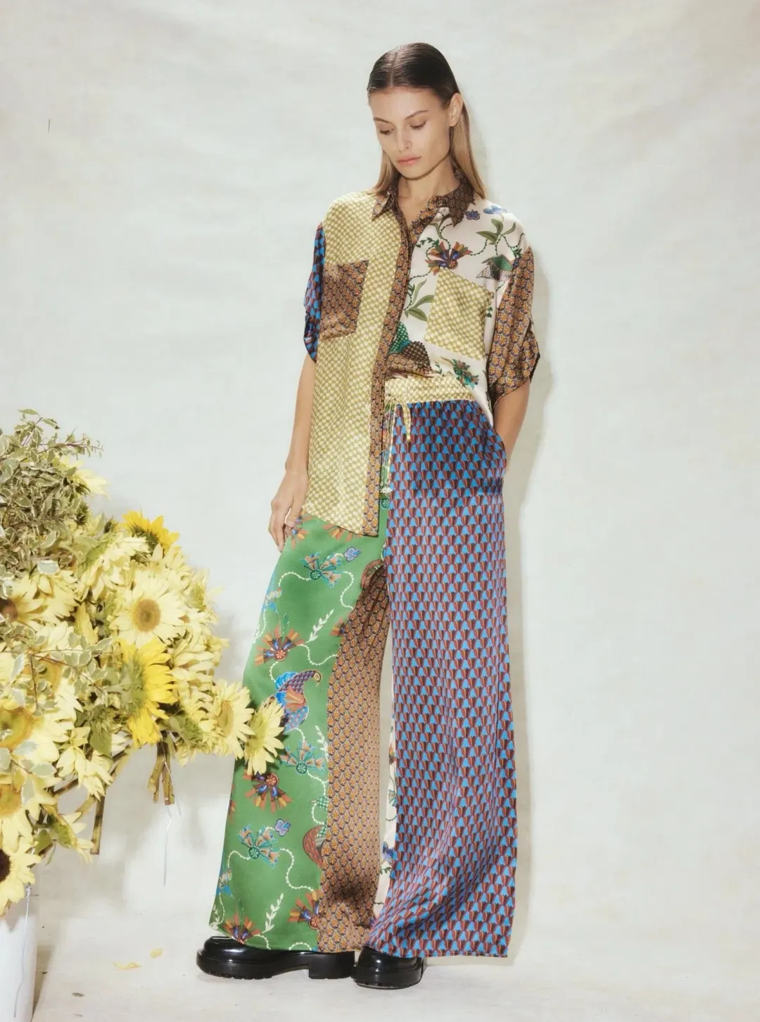 Alemais Birdie Spliced Silk Shirt and Pants Set Multi Print Size 14 for rent on The Volte - main image
