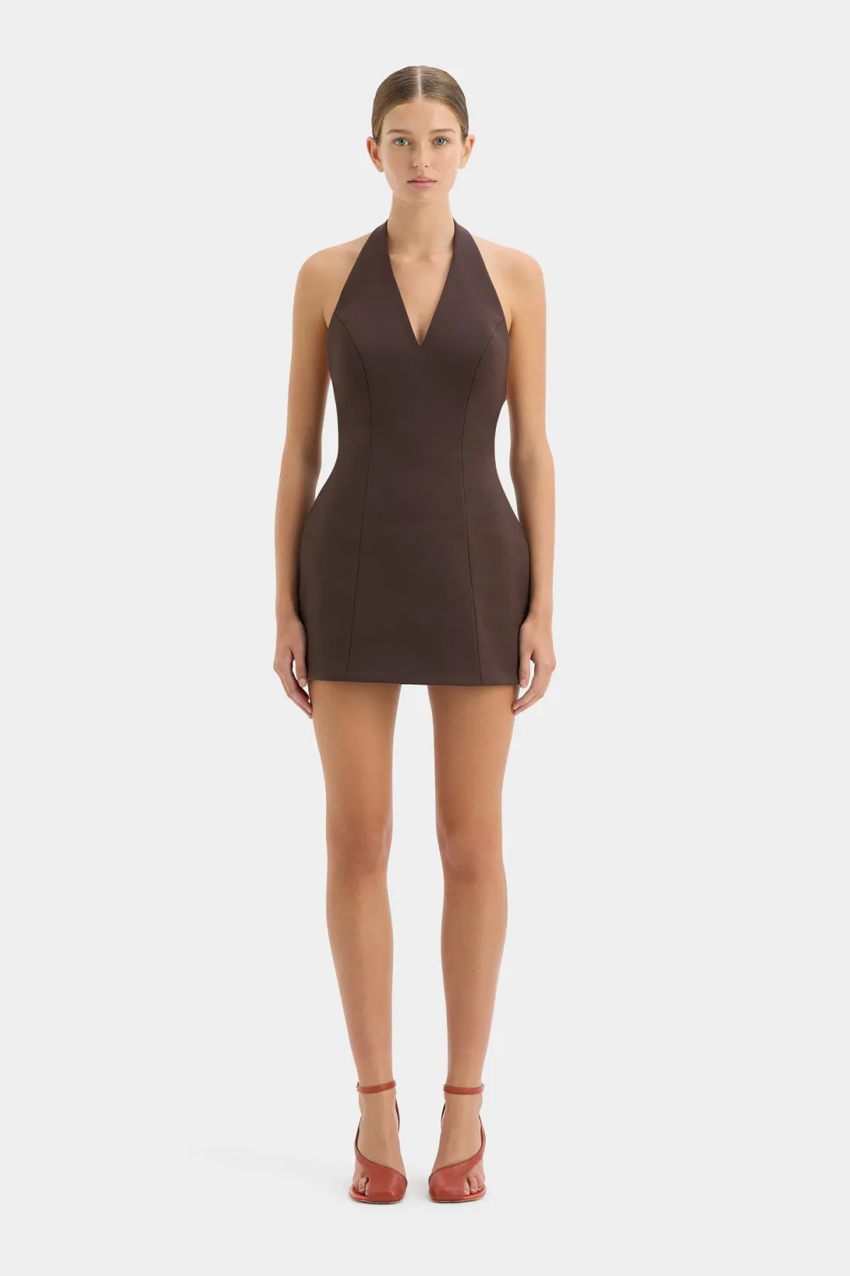 Sir the Label Sandrine Halter Mini Dress Chocolate Brown Size 0 / AU 6 for rent on The Volte - main image