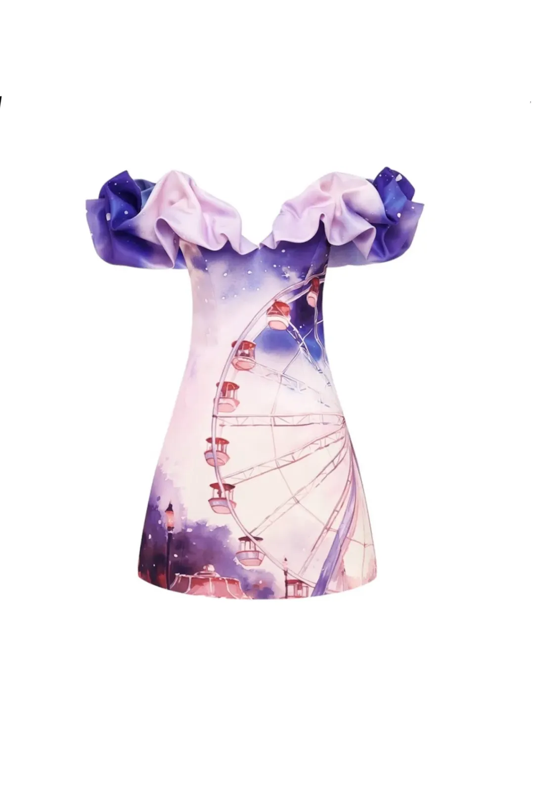 Leo Lin Bella Off Shoulder Frill Mini Dress Fairground Print Size 10 for rent on The Volte - main image