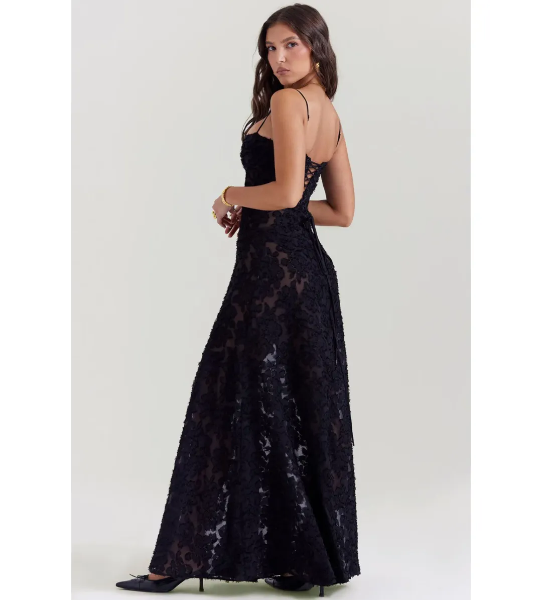 House of CB Seren Black Floral Lace Back Maxi Dress Size M/AU 10 for rent on The Volte - main image