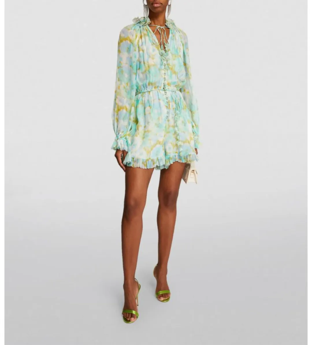 Zimmermann High Tide Flutter Embellished Floral-Print Silk-Crepon Playsuit Green Size 1/AU 8 for rent on The Volte - main image