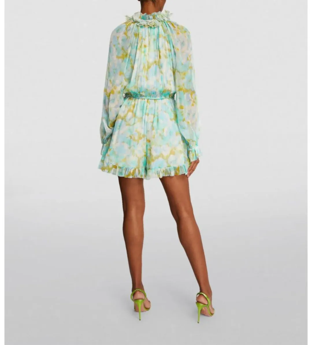 Zimmermann High Tide Flutter Embellished Floral-Print Silk-Crepon Playsuit Green Size 1/AU 8 for rent on The Volte - main image