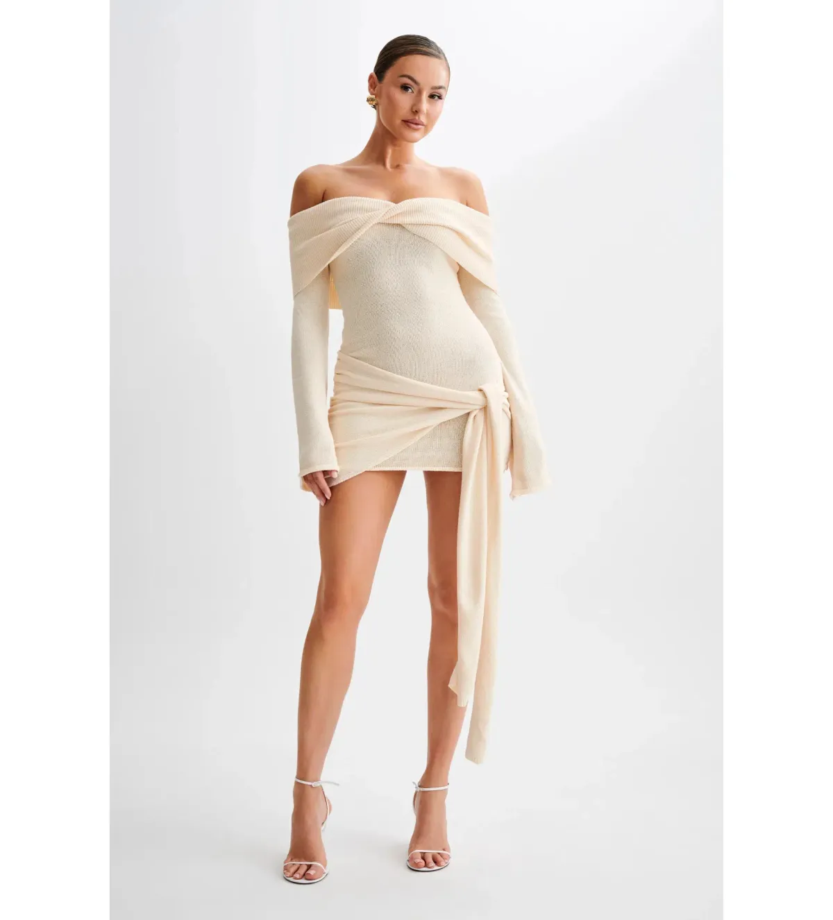 MESHKI Camryn Off Shoulder Tie Knit Mini Dress in Cream Marle Size XS/AU 6 for rent on The Volte - main image