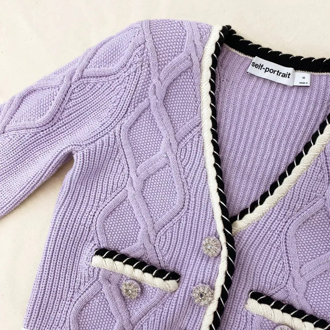 Self Portrait Lilac Cable Knitted Cardigan Size AU 8 for rent on The Volte - main image