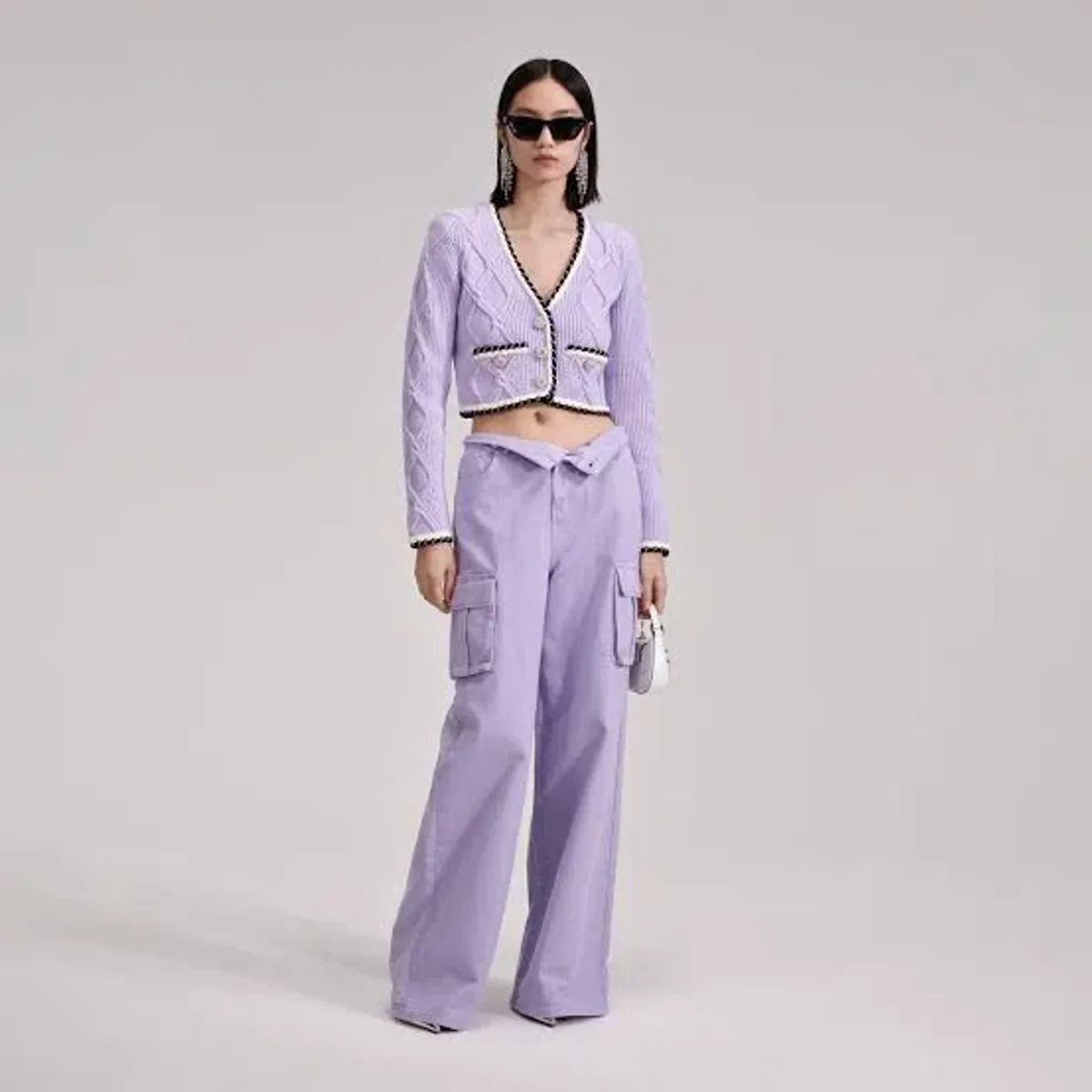 Self Portrait Lilac Cable Knitted Cardigan Size AU 8 for rent on The Volte - main image