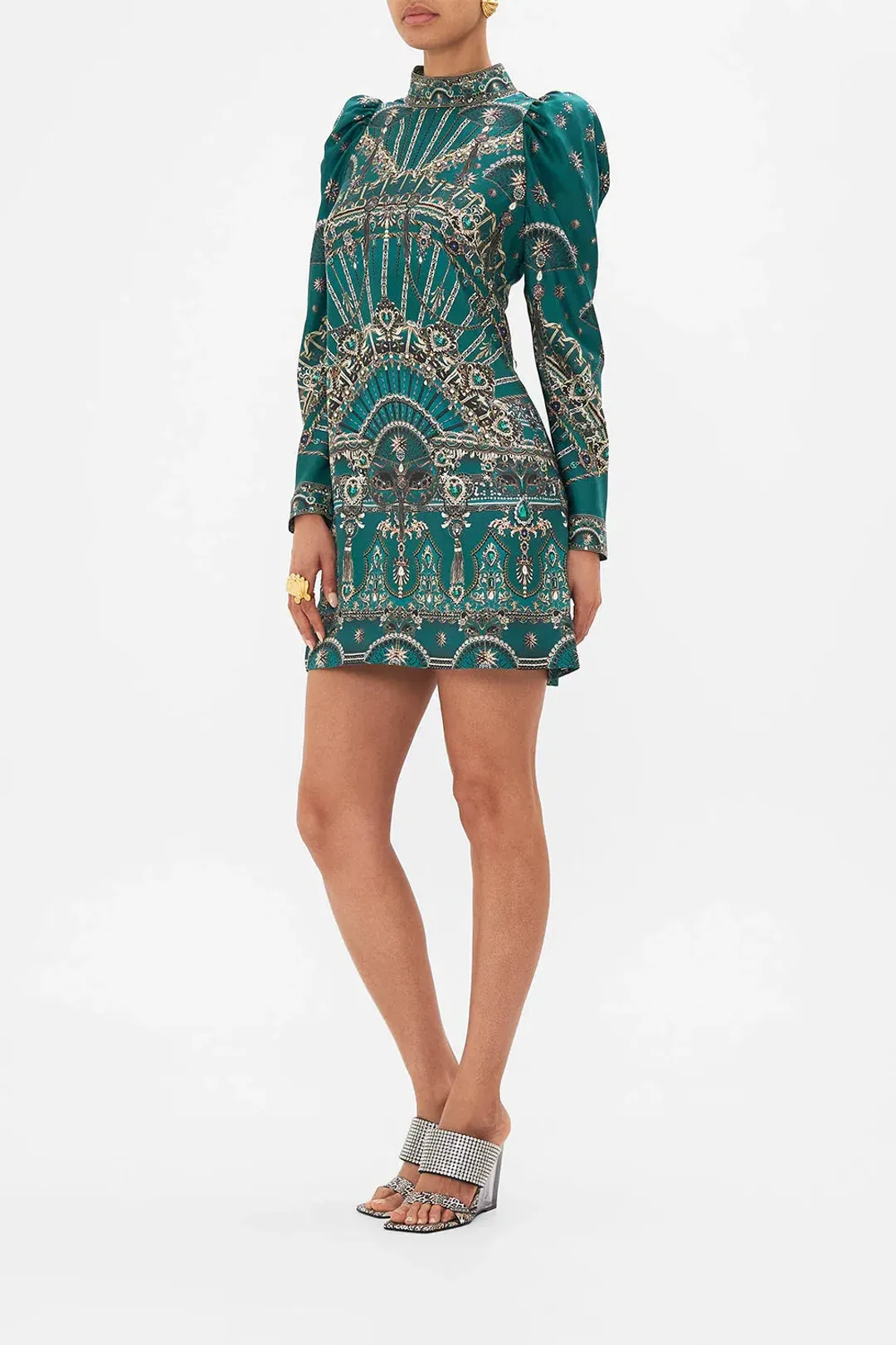 Camilla Puff Sleeve High Neck Mini Dress Green Size 14 for rent on The Volte - main image