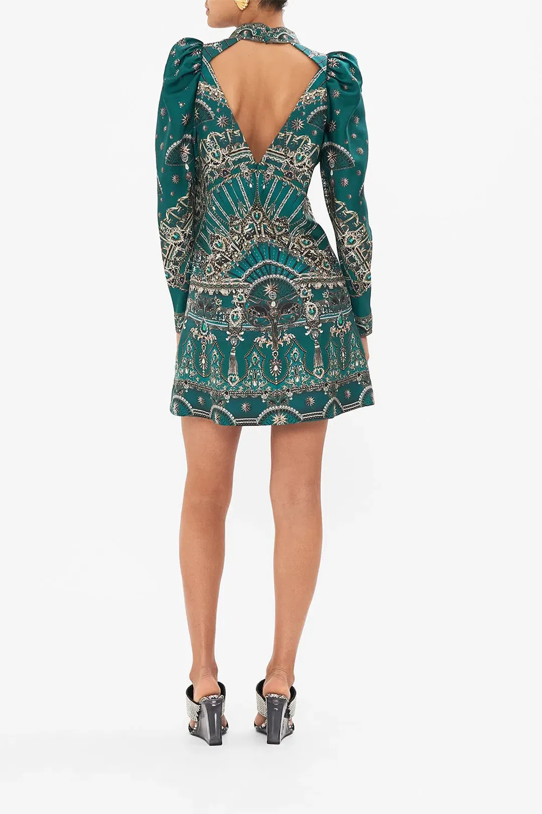 Camilla Puff Sleeve High Neck Mini Dress Green Size 14 for rent on The Volte - main image