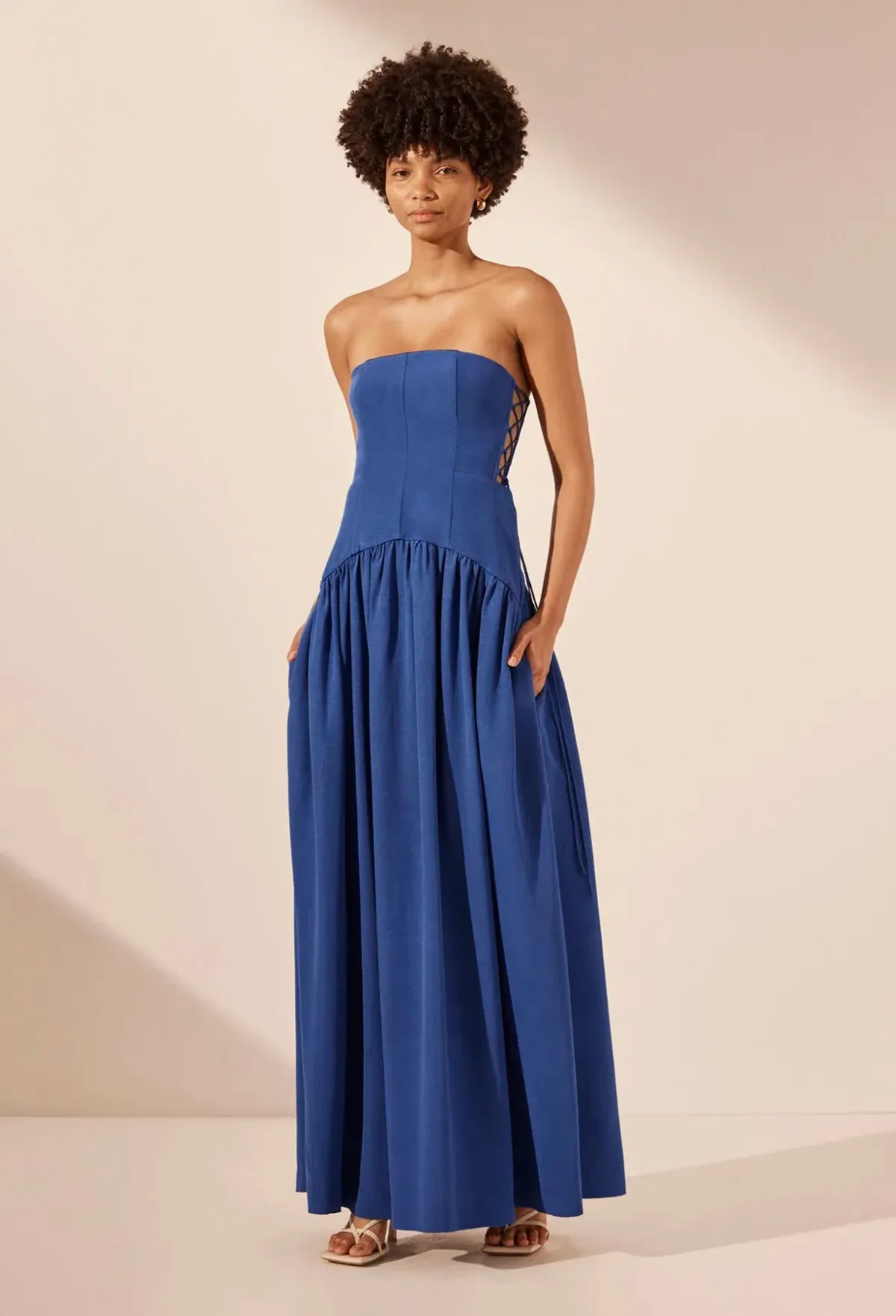 Shona Joy Vento Lace Up Strapless Maxi Dress in Cobalt Blue Size 10  for rent on The Volte - main image