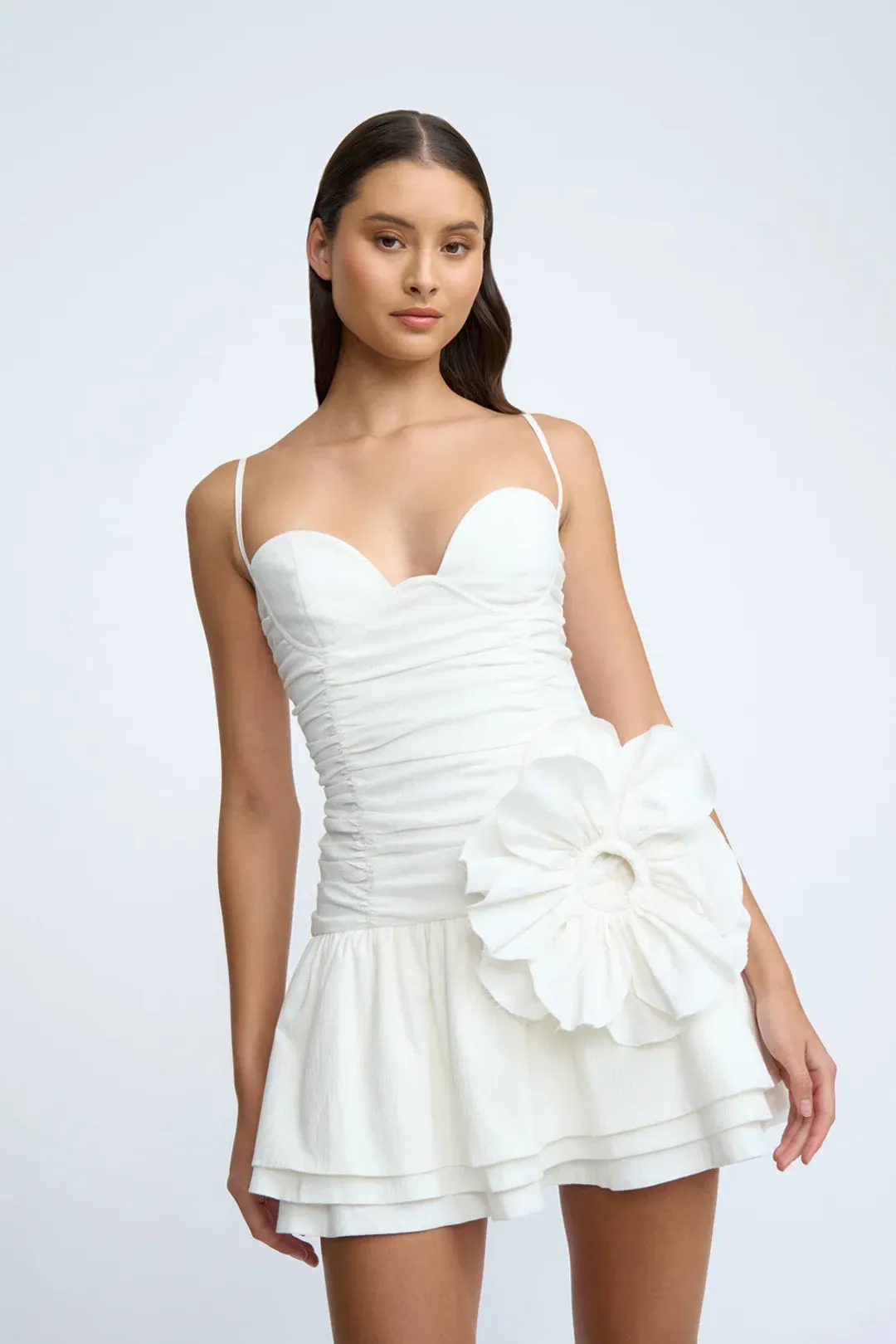 By Johnny Samantha Ruffle Mini Dress in Ivory Size AU 10 for rent on The Volte - main image