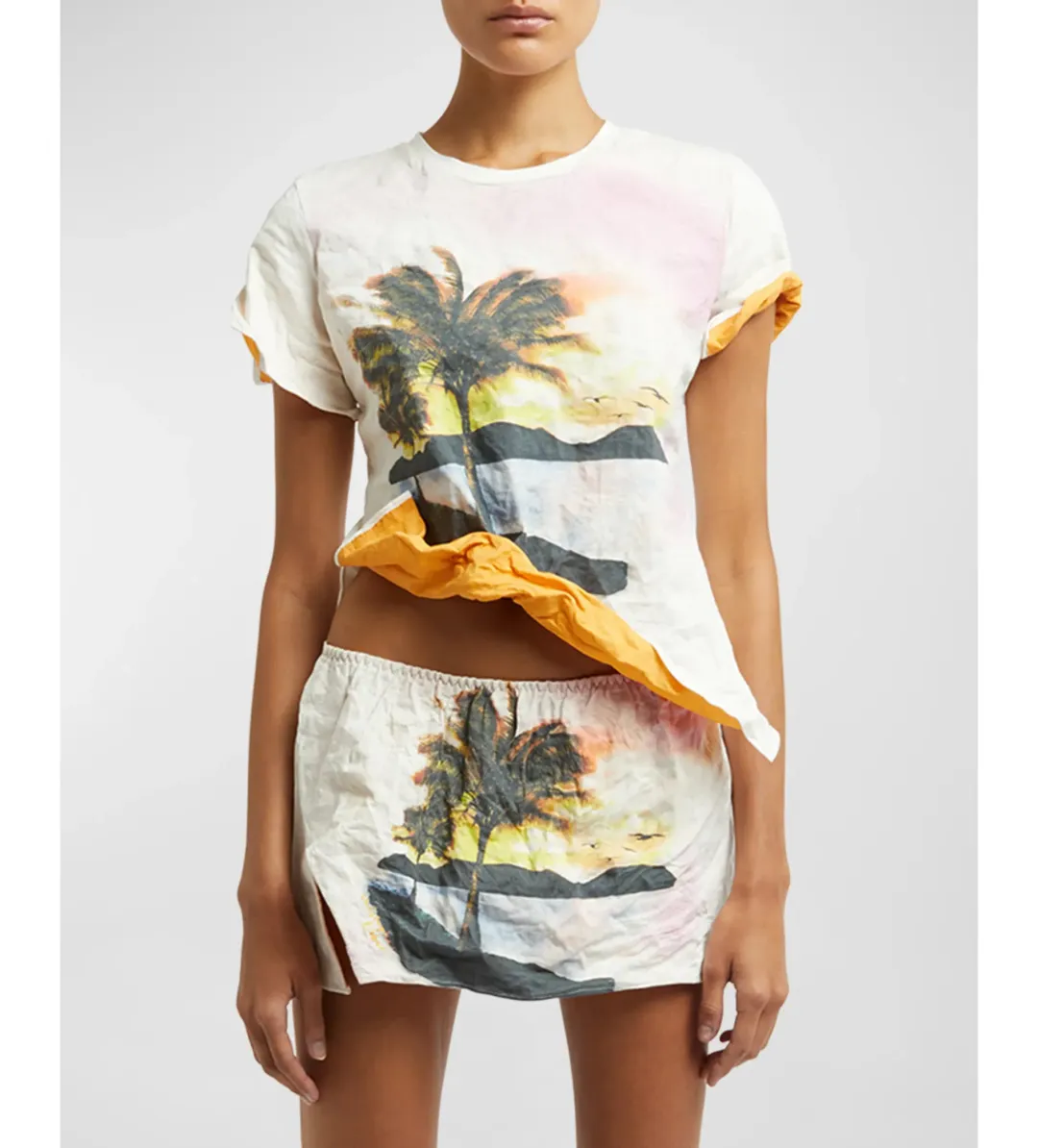 Christopher Esber Lost Souvenir Crushed Graphic Tee and Micro Skirt Size AU 8 for rent on The Volte - main image