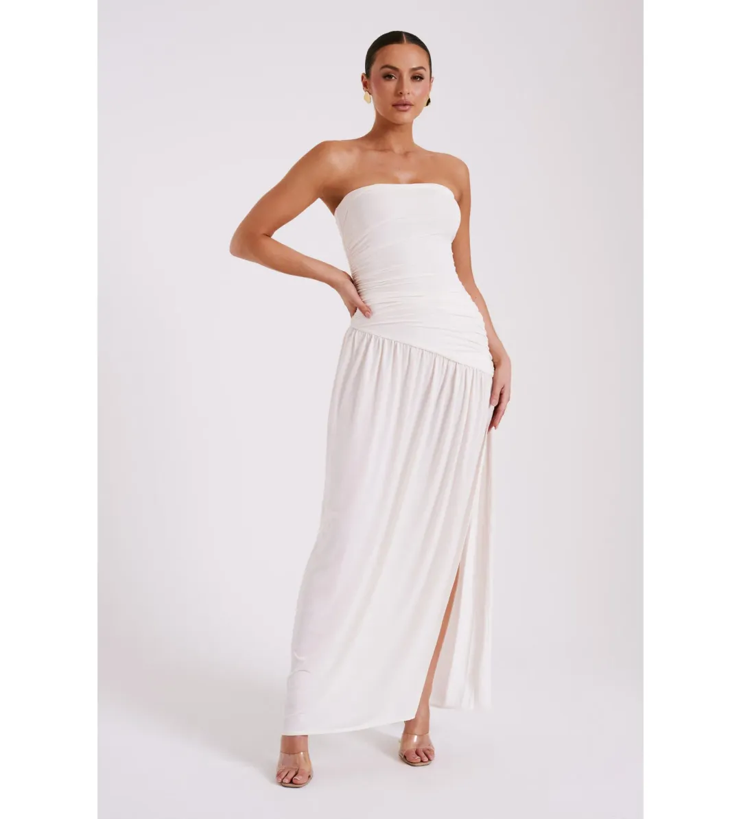 MESHKI Bex Strapless Slinky Maxi Dress With Split Ivory Size 8  for rent on The Volte - main image
