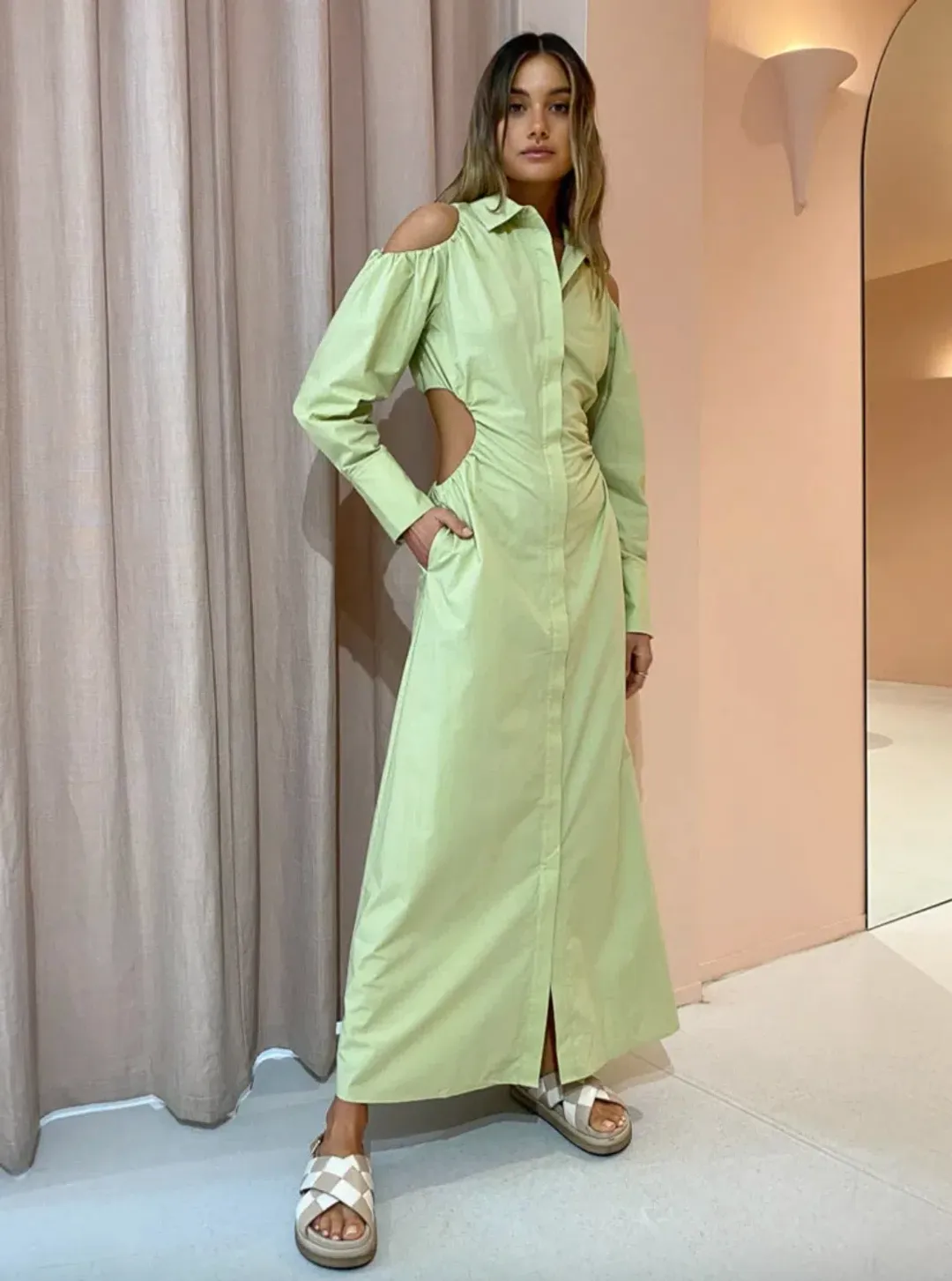 Sir the Label Mason Cut Out Shirt Dress in Pistachio Size 8 for rent on The Volte - main image