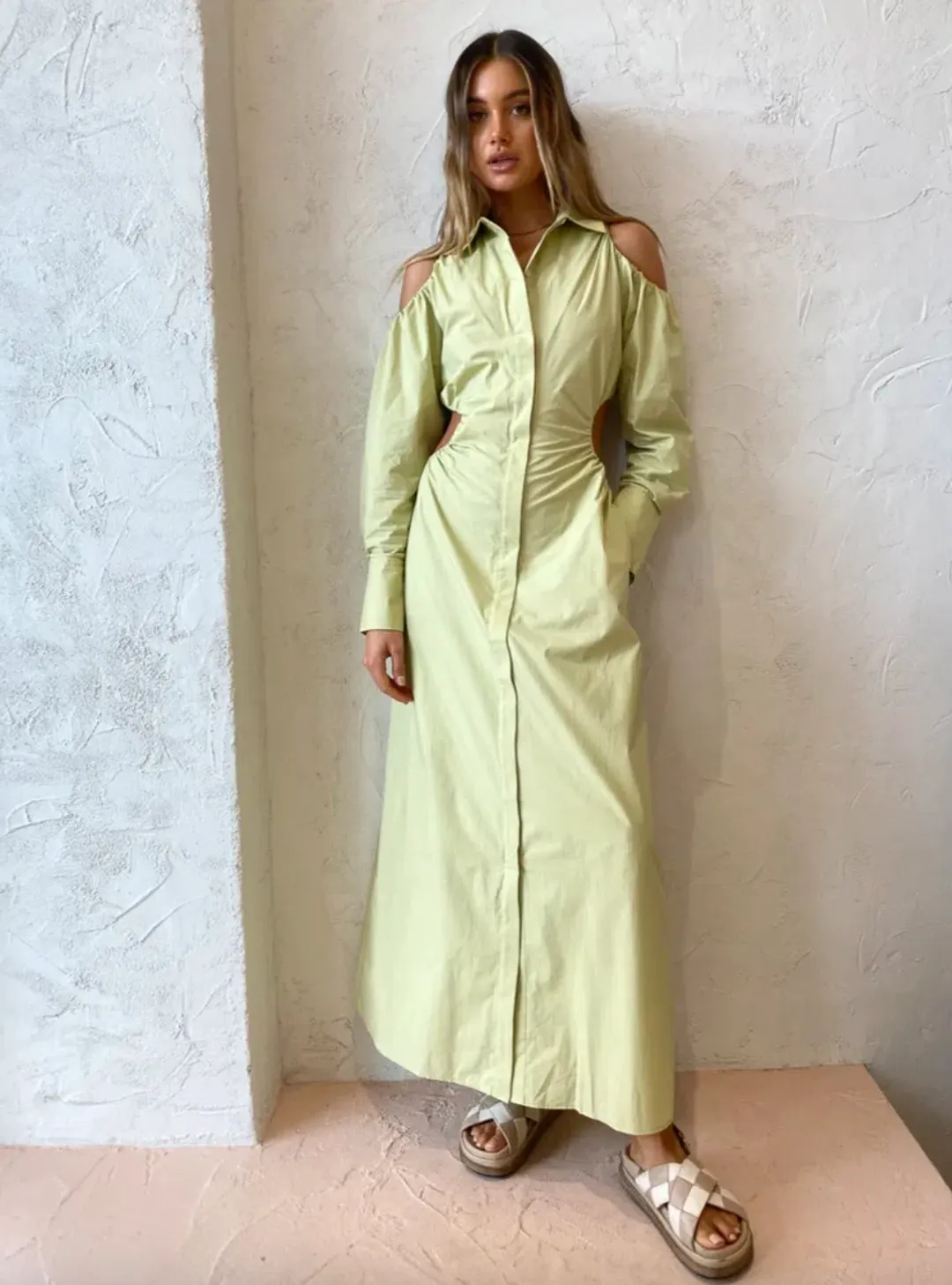 Sir the Label Mason Cut Out Shirt Dress in Pistachio Size 8 for rent on The Volte - main image