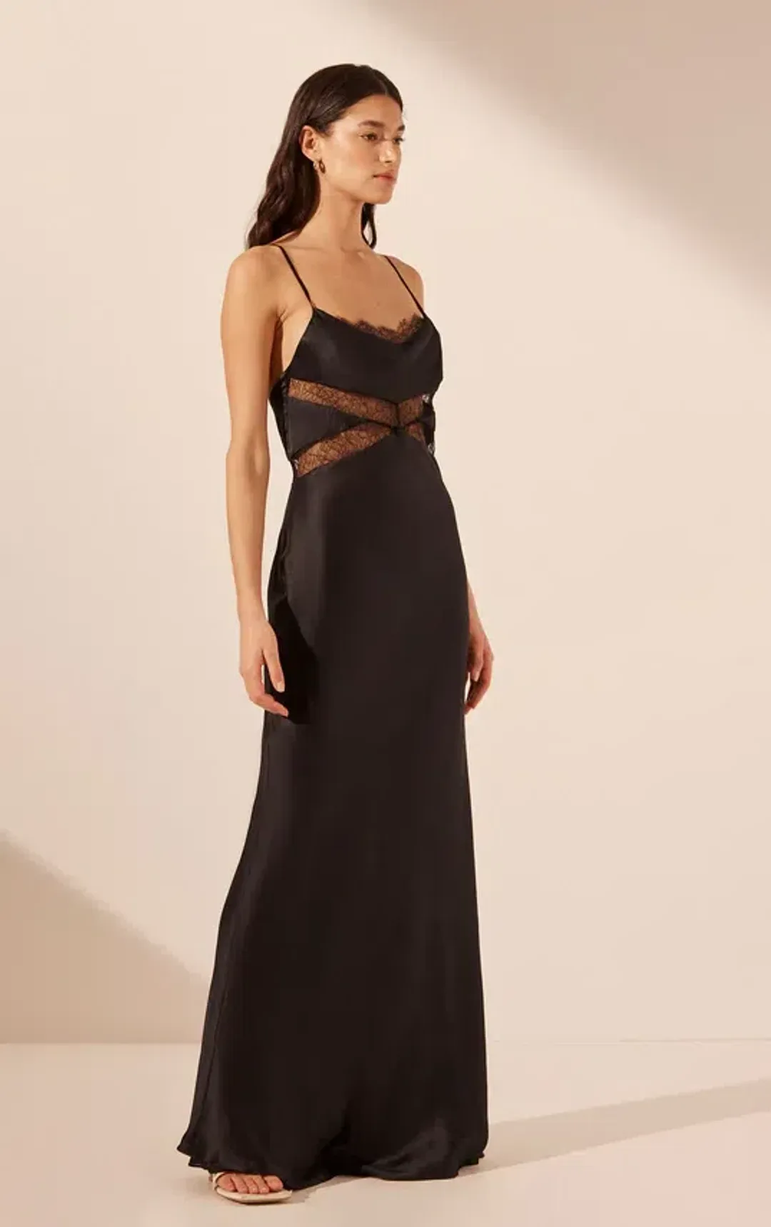 Shona Joy Leticia Silk Cowl Neck Lace Maxi Dress Black Size 10 for rent on The Volte - main image
