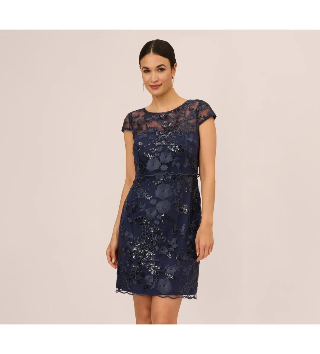 Adrianna Papell Sequin Floral Short Sleeve Mini Dress with Popover in Navy Size AU 6 for rent on The Volte - main image