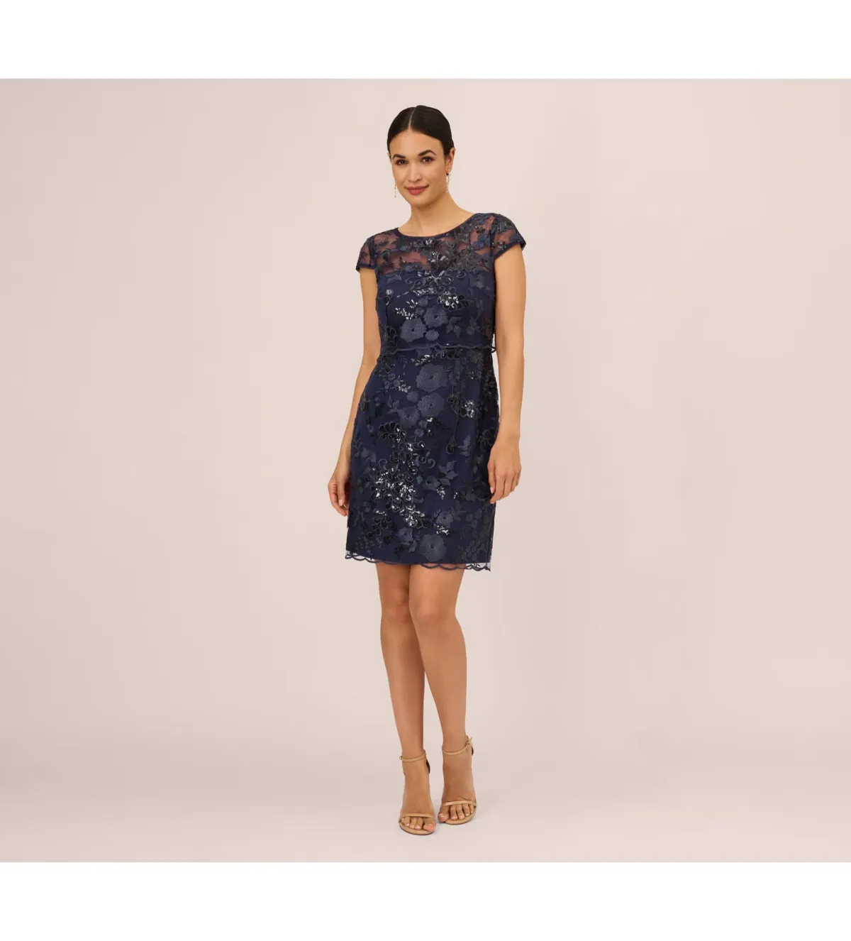 Adrianna Papell Sequin Floral Short Sleeve Mini Dress with Popover in Navy Size AU 6 for rent on The Volte - main image