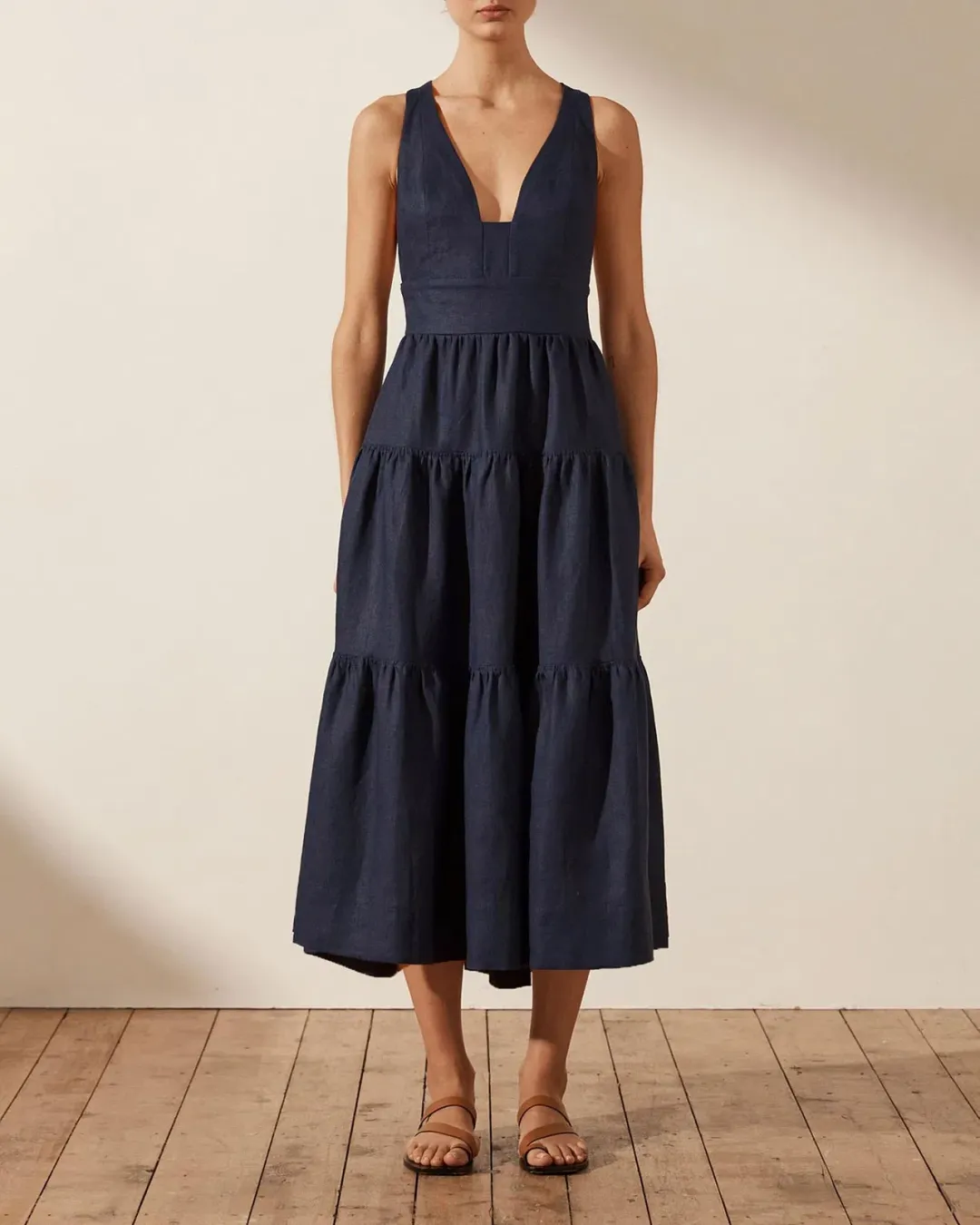 Shona Joy Ligia Plunged Cross Back Midi Dress Navy Size 14 for rent on The Volte - main image